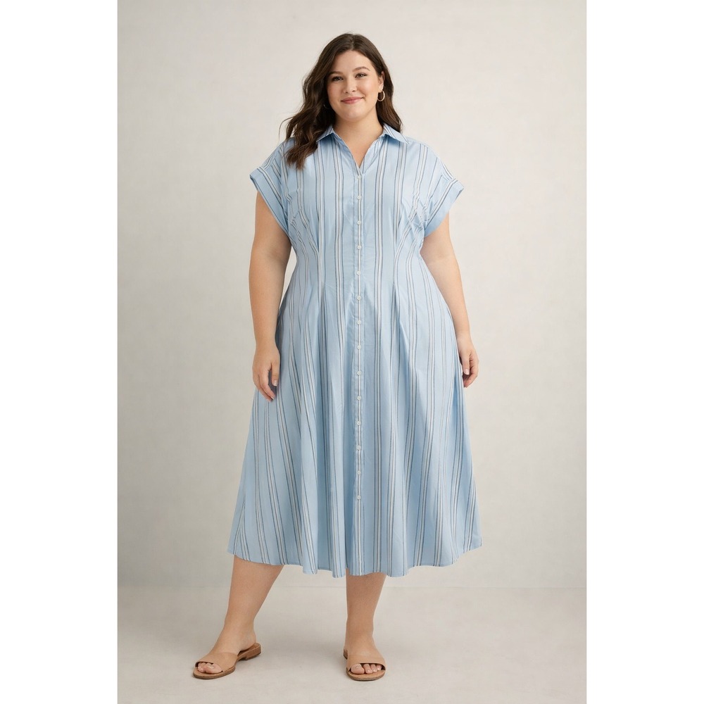 Womens Blue Striped Short Sleeve Button Front Midi Shirt Dress  2x cotton